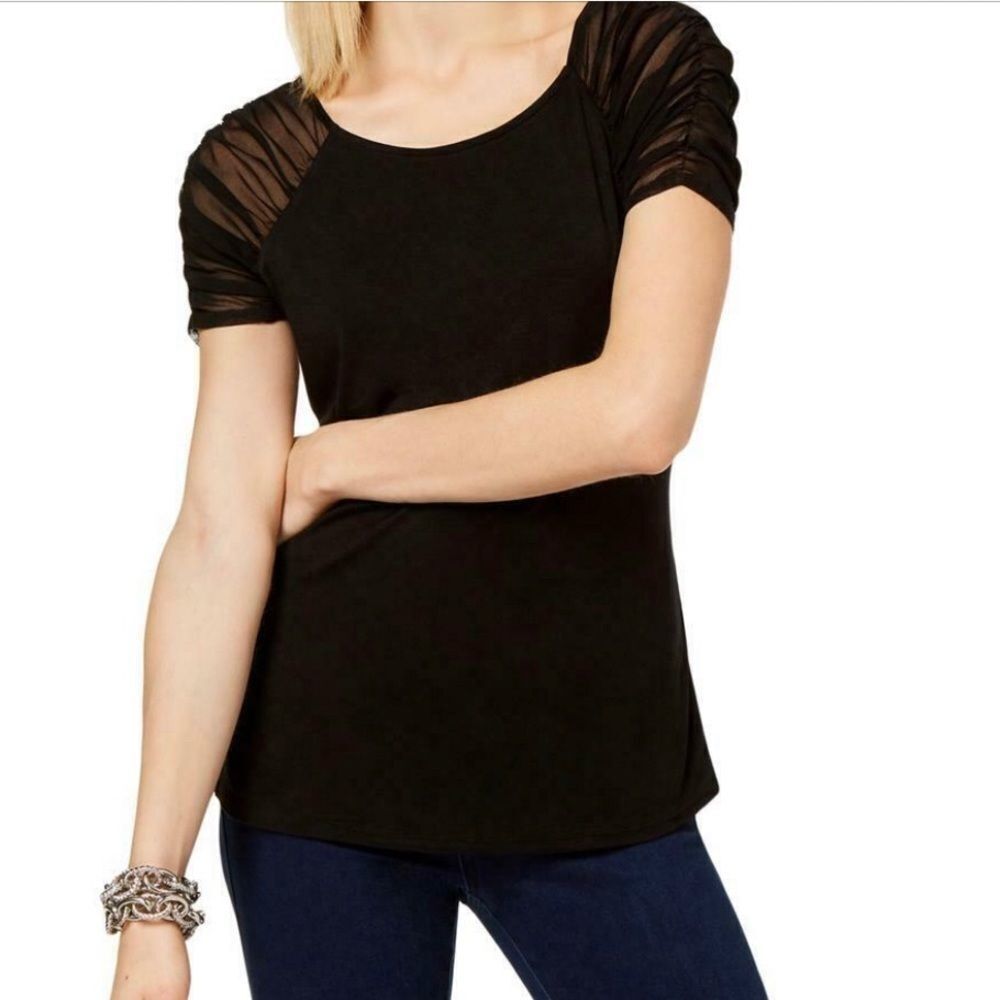 INC Black Ruched Illusion Sleeve Pullover LP